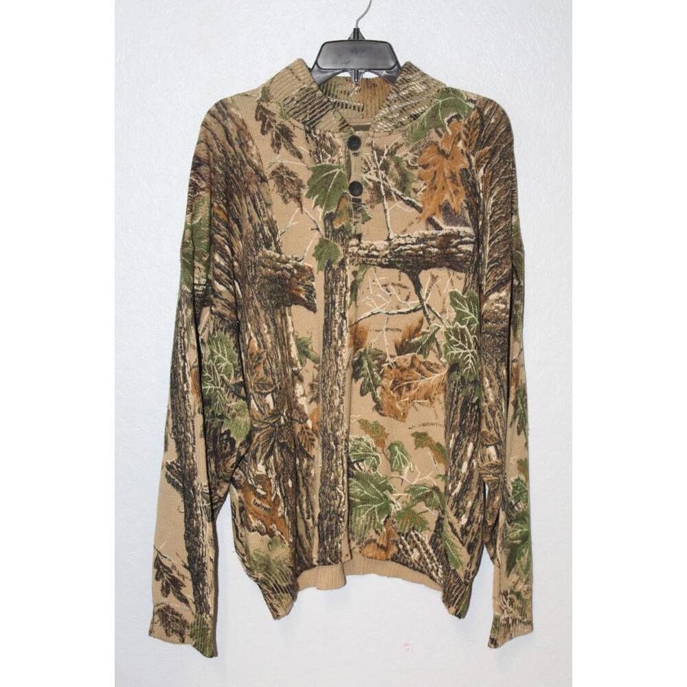 Vintage Saftbak Camo Pullover Sweater Mens XL Henley Button Timber Hunting